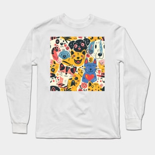 Eclectic Happy Pets and Nature Pattern Long Sleeve T-Shirt